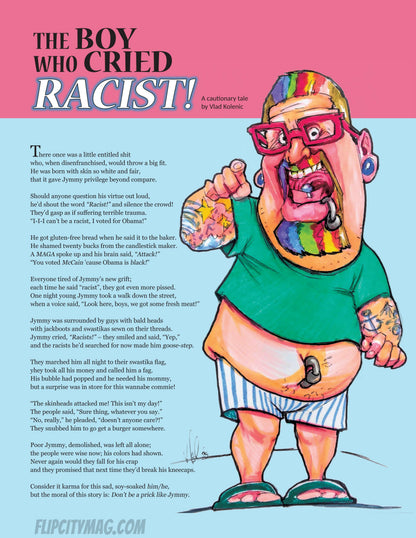 Cartoon illustration of a tattooed leftist with rainbow hair, title 'The Boy Who Cried Racist' and a poem.