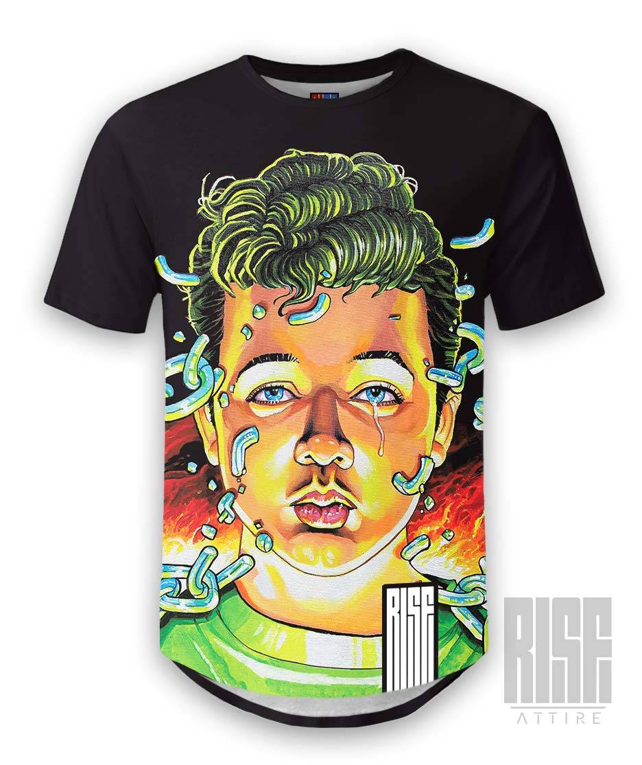 A black short-sleeve t-shirt with a large, colorful graphic print of a stylized face  of Kyle Rittenhouse, for Tee-Shirt by RISEATTIRE.COM