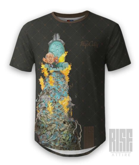 A dark charcoal gray short-sleeve t-shirt with a graphic print of a Dr. Anthony Fauci and a 'RISE ATTIRE' watermark on the bottom right.