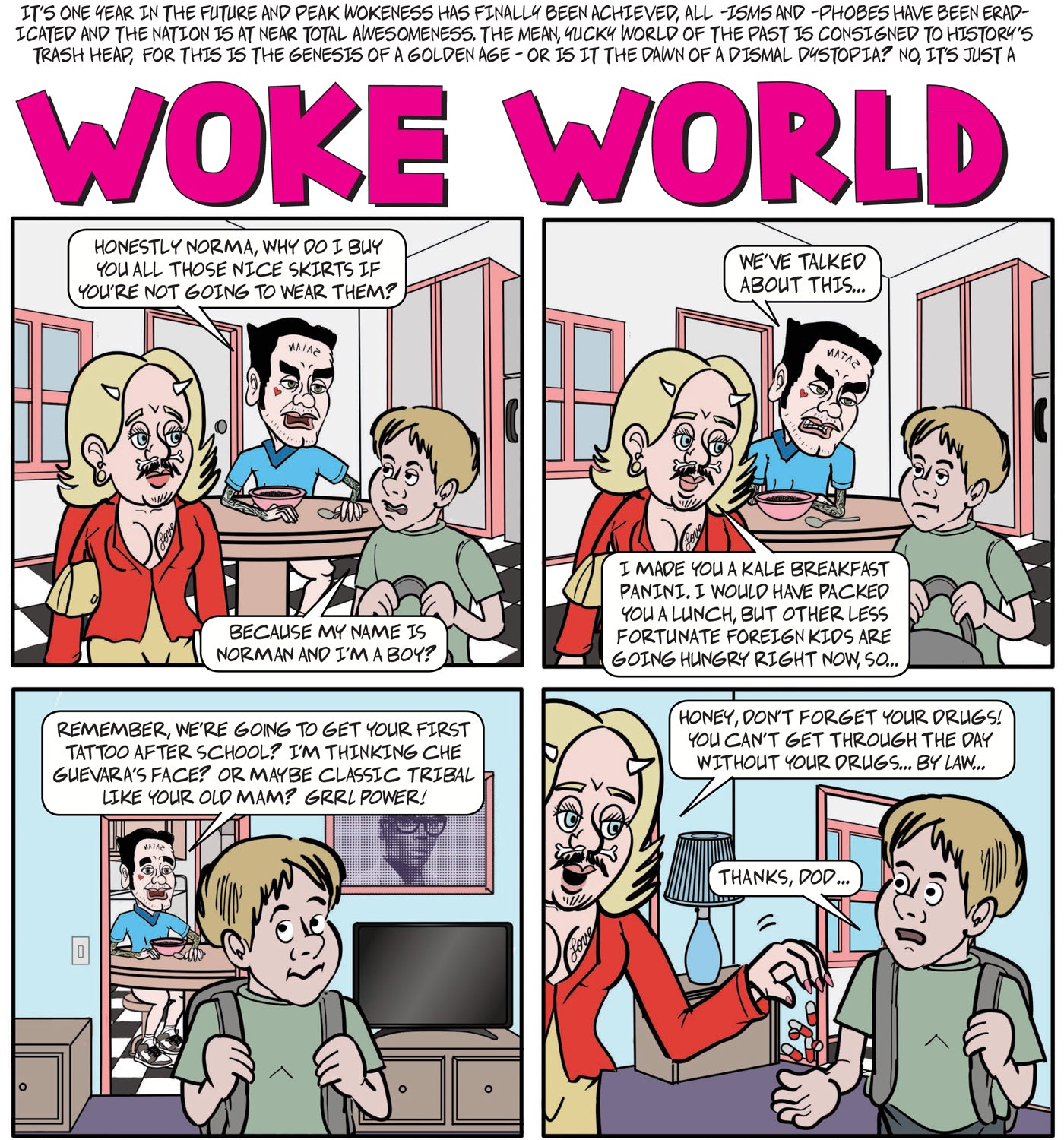 Cartoon comic page 'Woke World' with boy and two transgedered parents getting ready in the morning