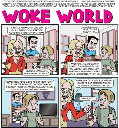 Cartoon comic page 'Woke World' with boy and two transgedered parents getting ready in the morning