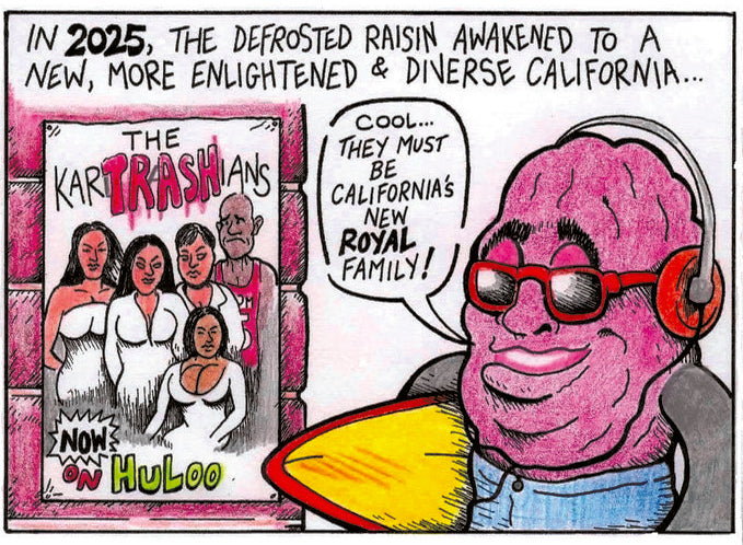 Cartoon character California Raisin with purple skin and red sunglasses reacting to a poster for 'The Kartrashians' on Huloo.