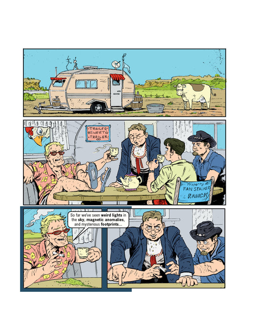 Comic strip page for arody of 'The Secret of Skinwalker Ranch' with a trailer, cow, and Travis Taylor, scientists at a table with drinks.