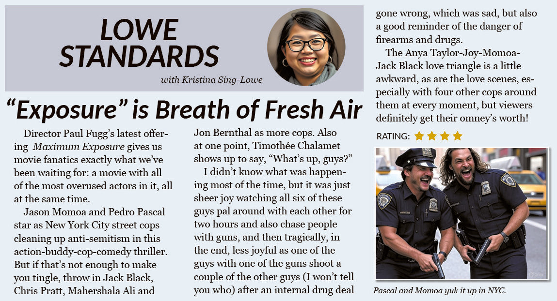 News article with a headline about 'Mazimum Exposure' movie, featuring a photo of a woman and two police officers Pedro Pascal and Jason Momoa.