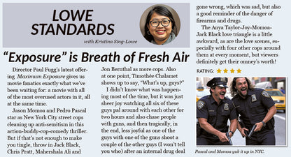 News article with a headline about 'Mazimum Exposure' movie, featuring a photo of a woman and two police officers Pedro Pascal and Jason Momoa.