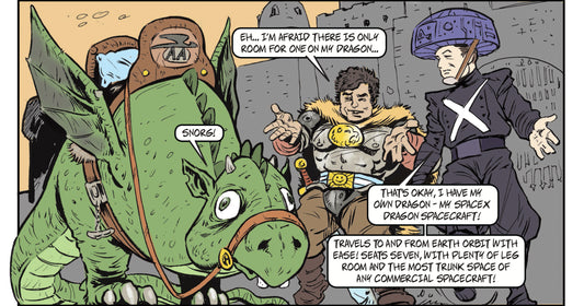 Cartoon panel of Elon Musk with Javier Milei and a dragon in front of a castle