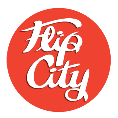 Flip City Magazine round circle logo white text on red circle