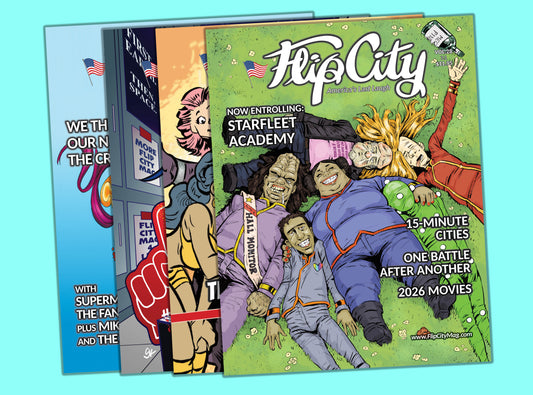 Four illustrated magazine or comic-style covers fanned out against a light blue background. The front cover is green with the title 'Flip City' and Star Trek Starfleet Academy cartoon characters lying on grass; the middle cover is orange/peach with a person in a purple outfit; the back cover is blue with text and a fist graphic.