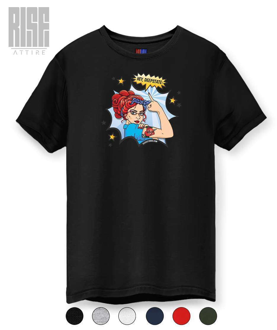 A black short-sleeve t-shirt with a graphic of Rosie the Riveter flexing with the text 'I CAN WORK!' on the chest,, mascot Kittky Filips for RISEATTIRE.com tee-shirts