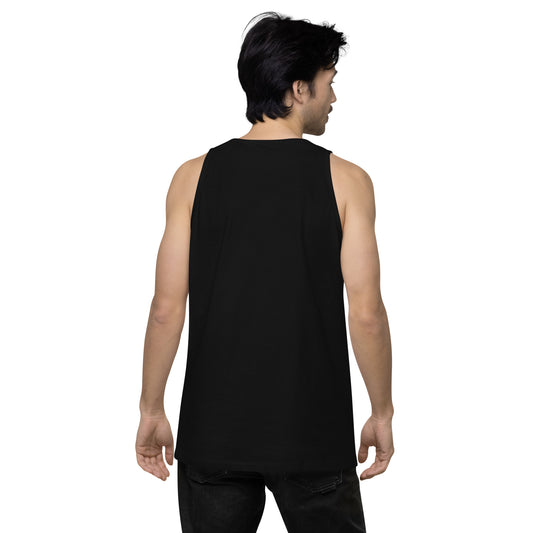 back view of A man wearing a black sleeveless tank top with white text 'Flip City Magazine' printed on the front.
