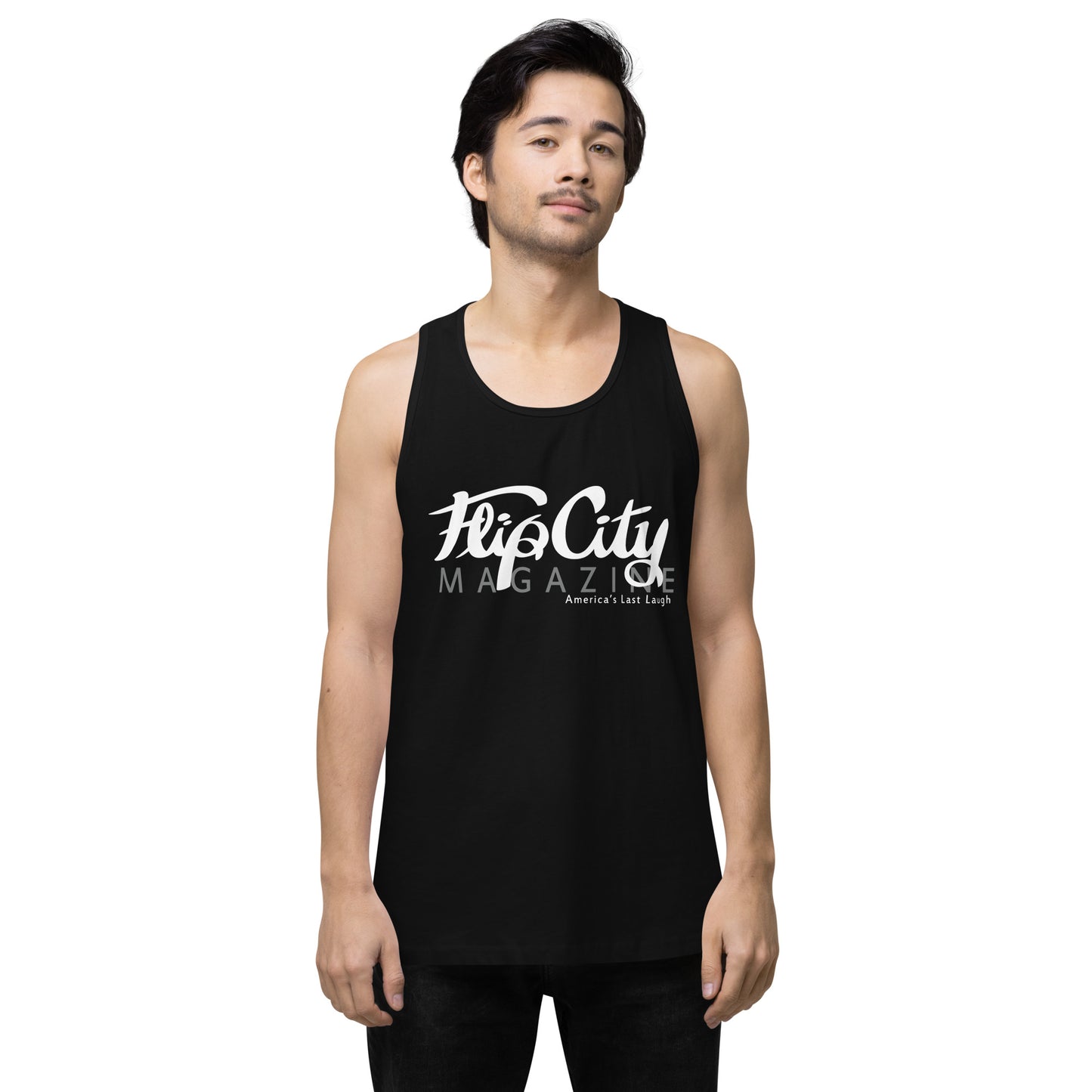 A man wearing a black sleeveless tank top with white text 'Flip City Magazine' printed on the front.