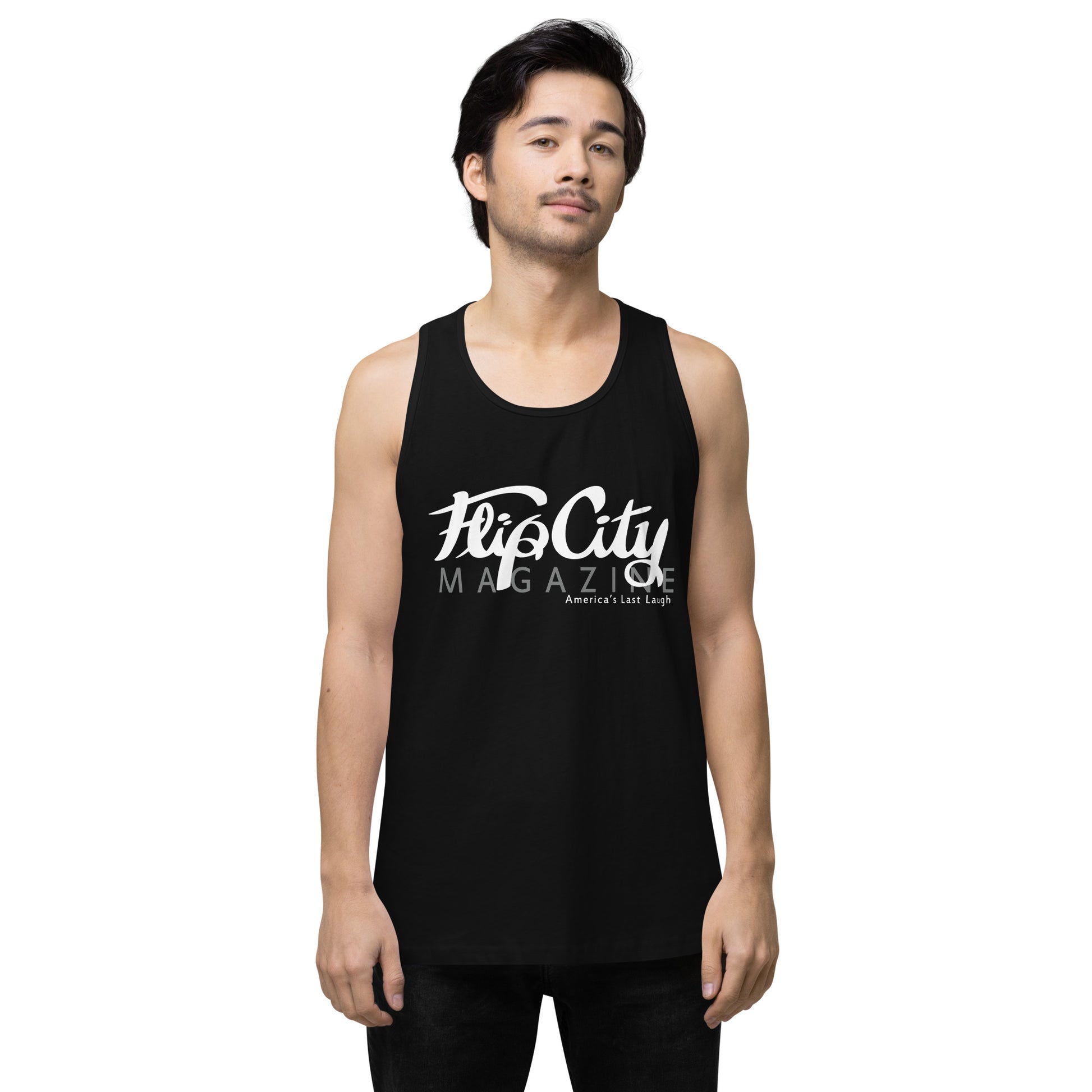 A man wearing a black sleeveless tank top with white text 'Flip City Magazine' printed on the front.