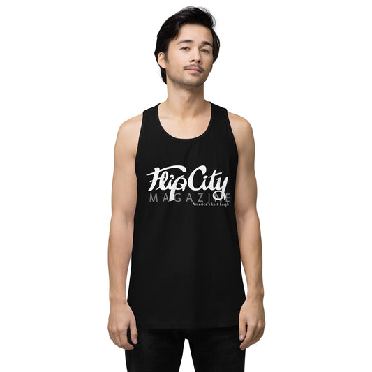 A man wearing a black sleeveless tank top with white text 'Flip City Magazine' printed on the front.