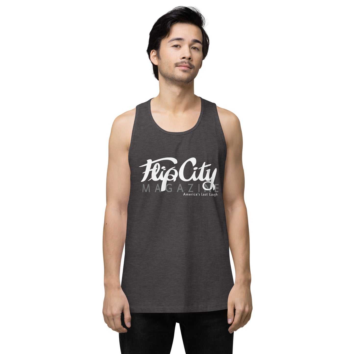 A man wearing a gray sleeveless tank top with white text 'Flip City Magazine' printed on the front.