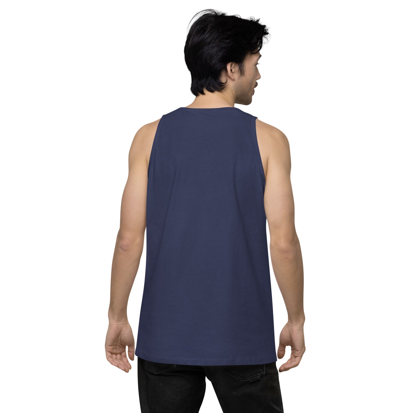 Back view of: A man wearing a blue sleeveless tank top with white text 'Flip City Magazine' printed on the front.