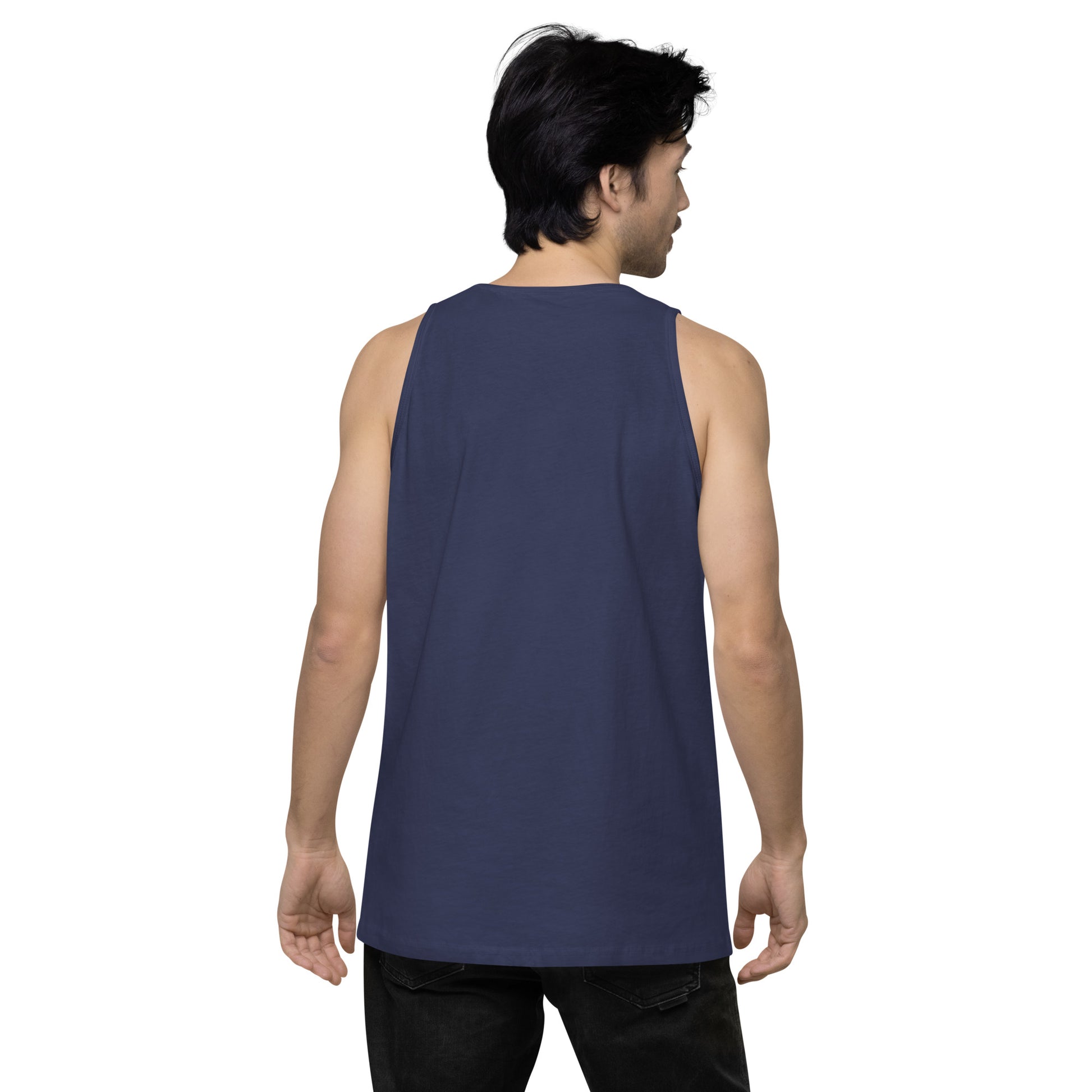 Back view of: A man wearing a blue sleeveless tank top with white text 'Flip City Magazine' printed on the front.