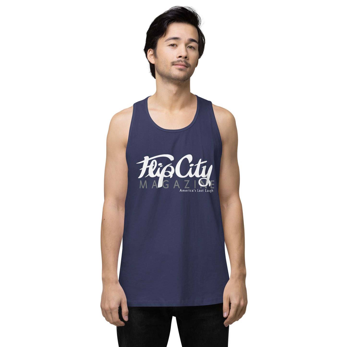 A man wearing a blue sleeveless tank top with white text 'Flip City Magazine' printed on the front.