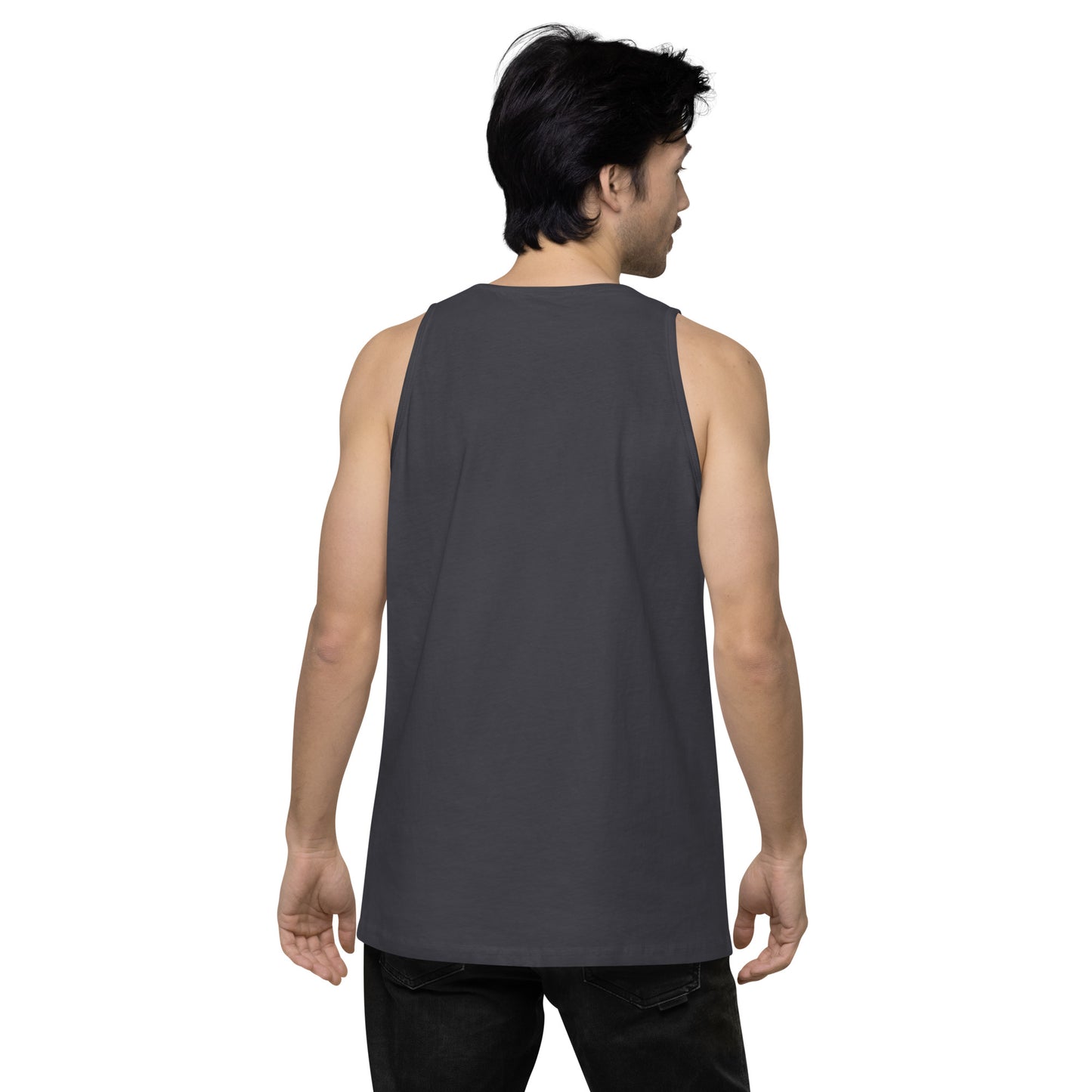 back view, grey shirt, A man wearing a  sleeveless tank top with white text 'Flip City Magazine' printed on the front.