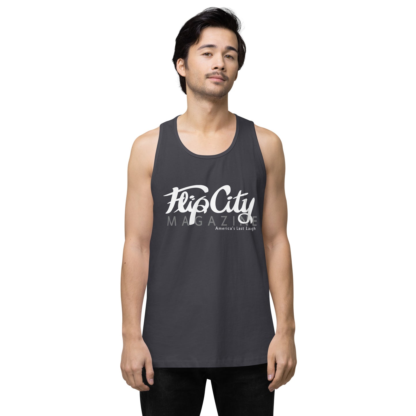 A man wearing a grey sleeveless tank top with white text 'Flip City Magazine' printed on the front.