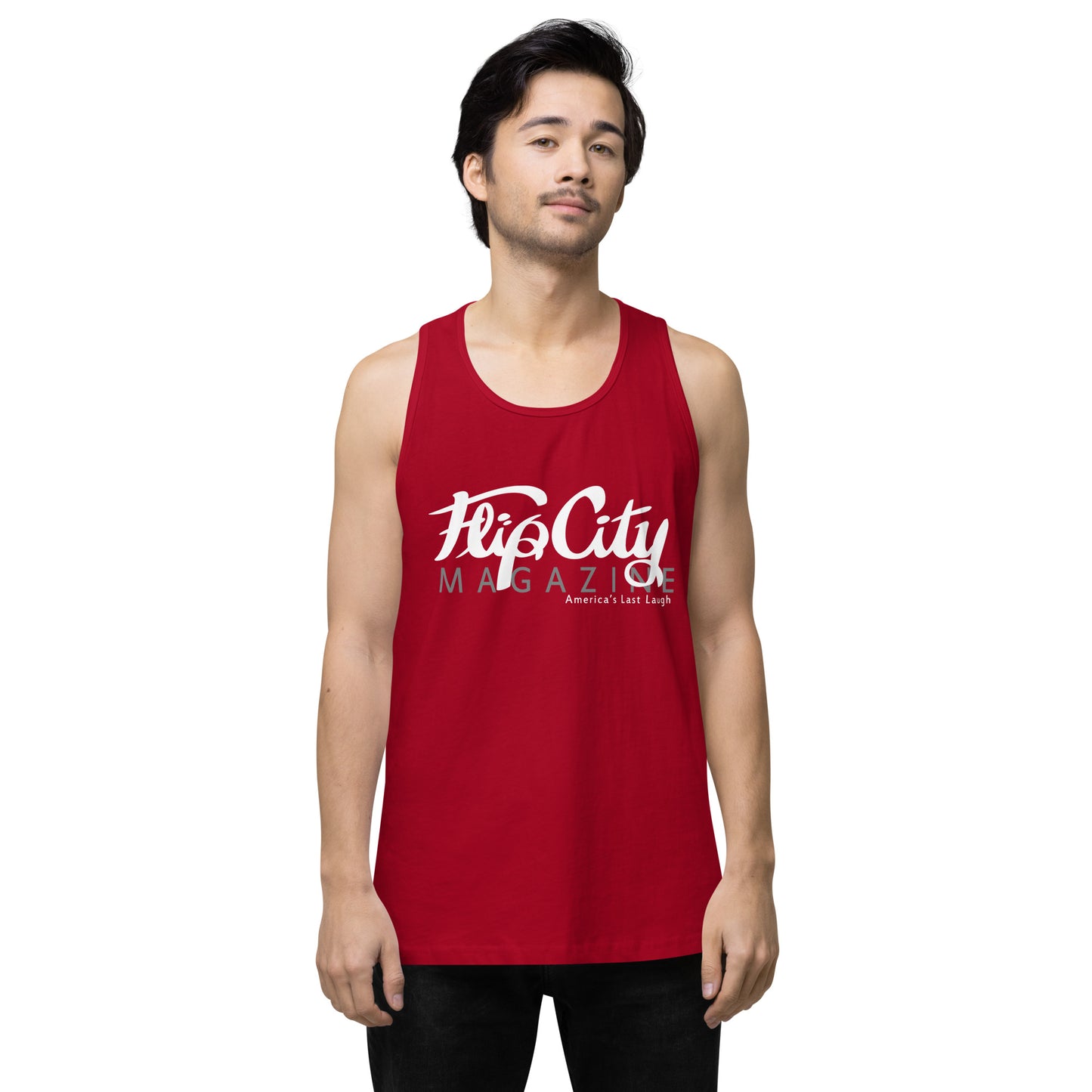 A man wearing a red sleeveless tank top with white text 'Flip City Magazine' printed on the front.