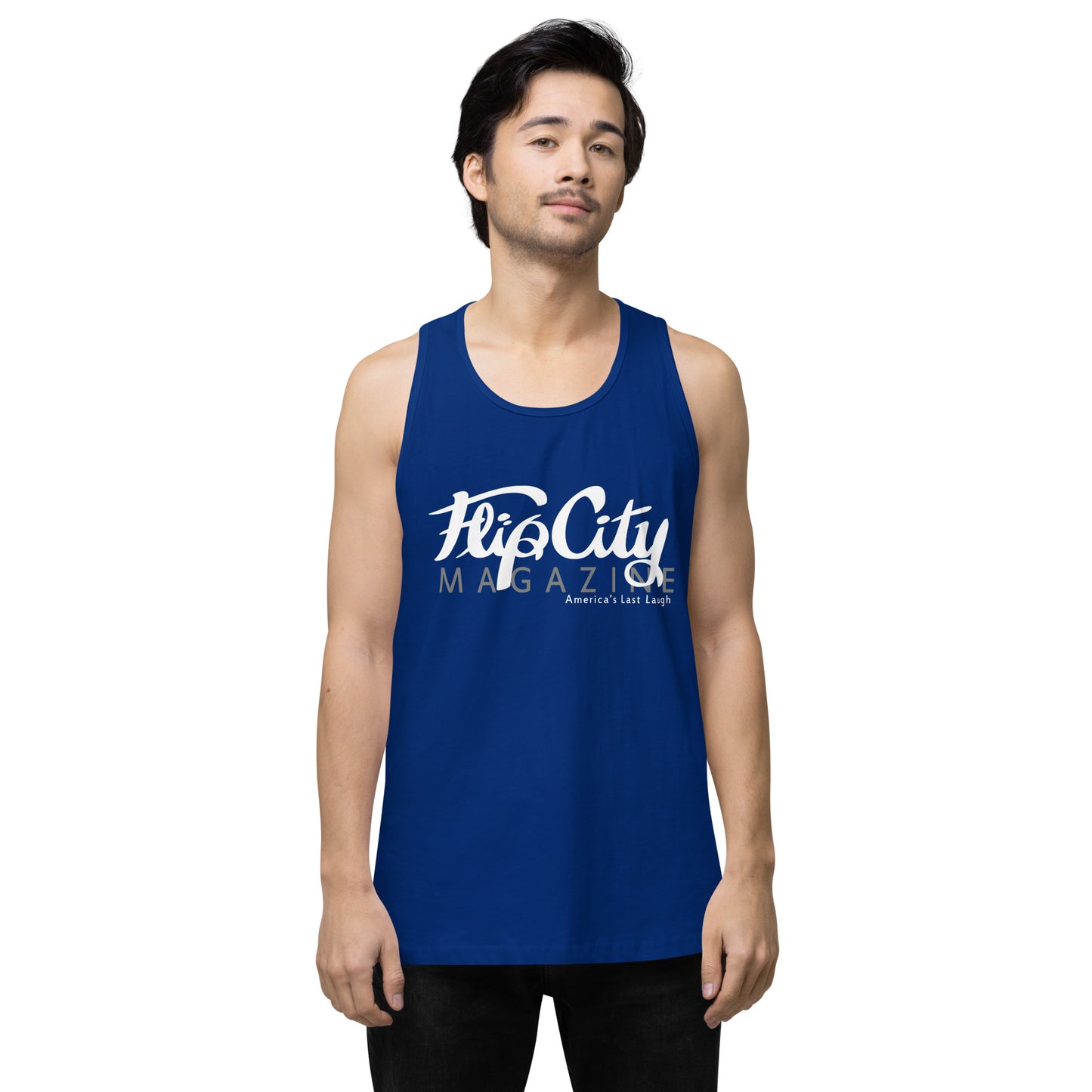 A man wearing a blue sleeveless tank top with white text 'Flip City Magazine' printed on the front.