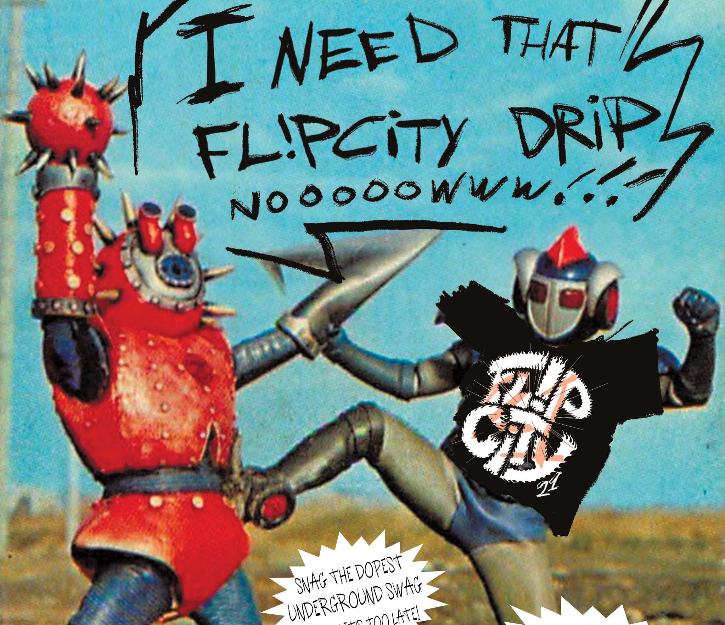 Flip City Magazine Red SHirt Club advertisement with Japanese mecha-robots "I need that Flip City drip"