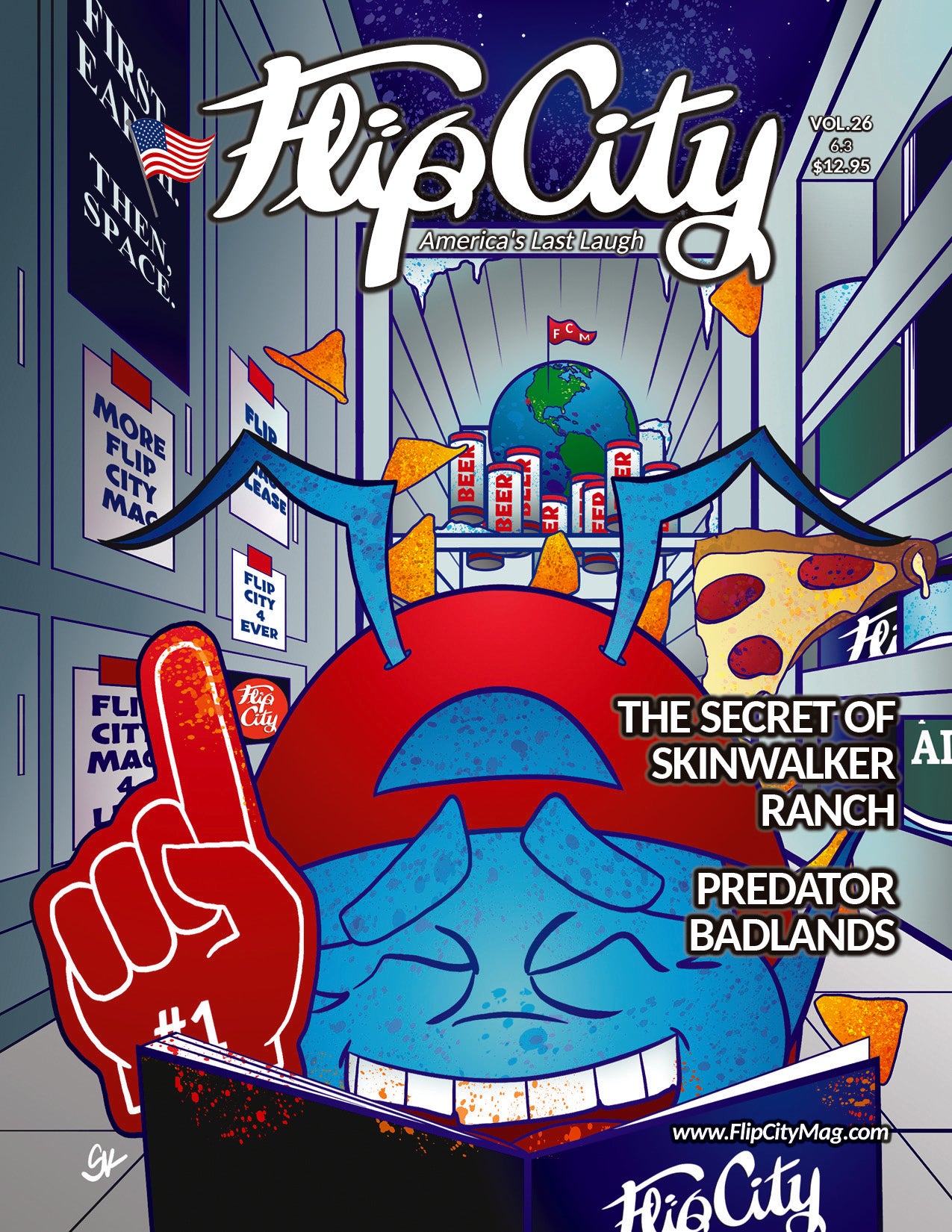 Cover of Flip City magazine with a funnycartoon character and cityscape illustration with titles 'The Secret of Skinwalker Ranch' and 'Predator: Badlands', beer, pizza, America
