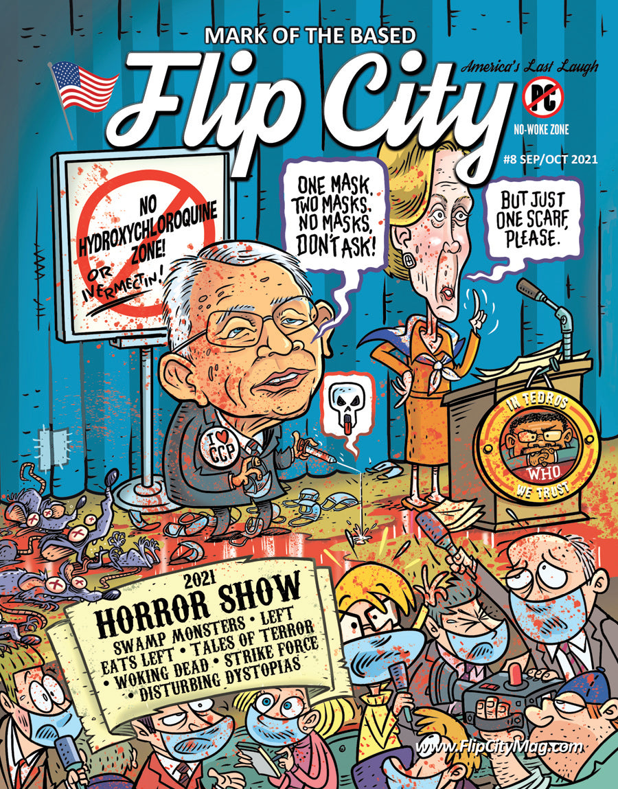 Cover of Flip City magazine 8 with colorful illustrations and text on a blue background
