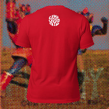 Back view of a red t-shirt with 'ULYXYZ' graphic on the back