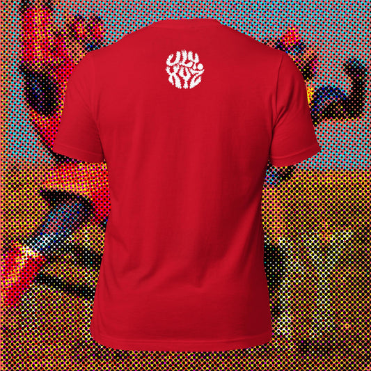 Back view of a red t-shirt with 'ULYXYZ' graphic on the back