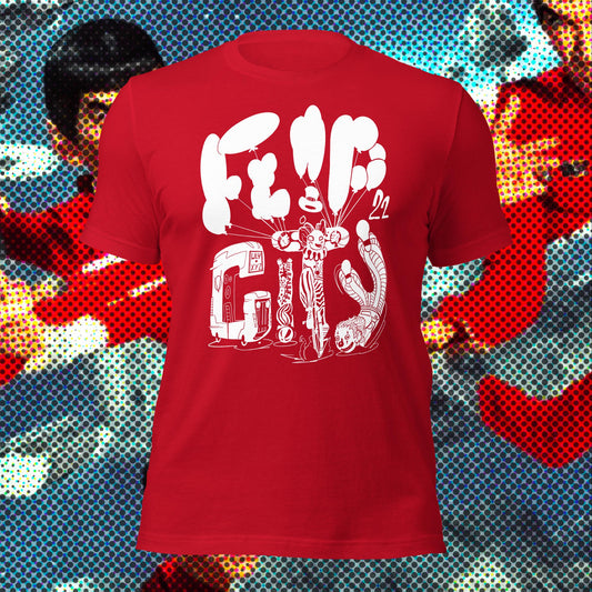 A red t-shirt with 'Flip City' text and a graphic design resembling a stylized cityscape and characters on it, displayed against a blue and red background.