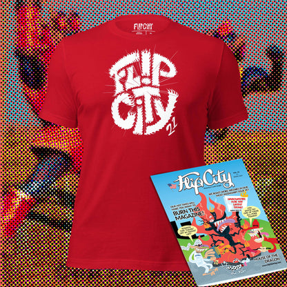 Front view of a red shirt with white 'flip City' logo design, with Flip City Magazine issue 21 superimposed