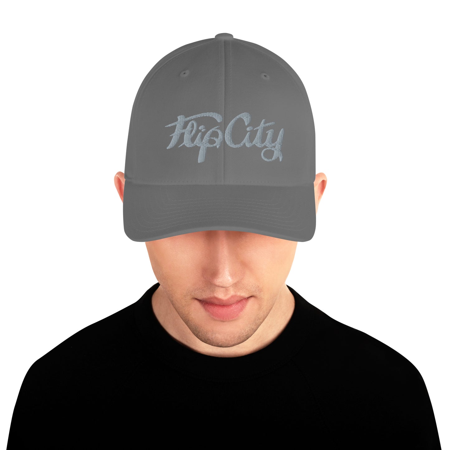 Guy wears GRAY baseball cap reads 'Flip City'