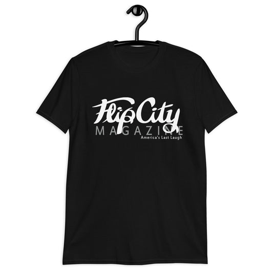 A black short-sleeve unisex t-shirt with 'Flip City Magazine' text and graphics in white on the front.