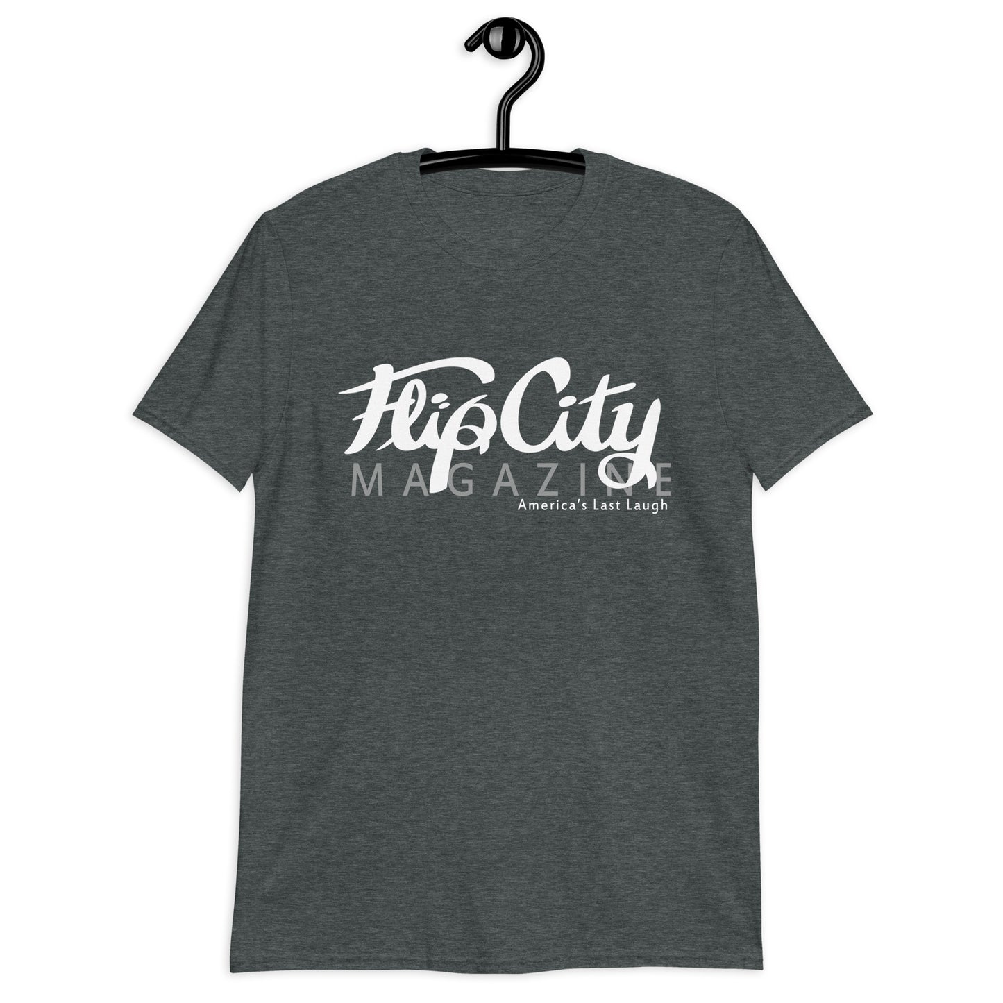 A charcoal short-sleeve unisex t-shirt with 'Flip City Magazine' text and graphics in white on the front.