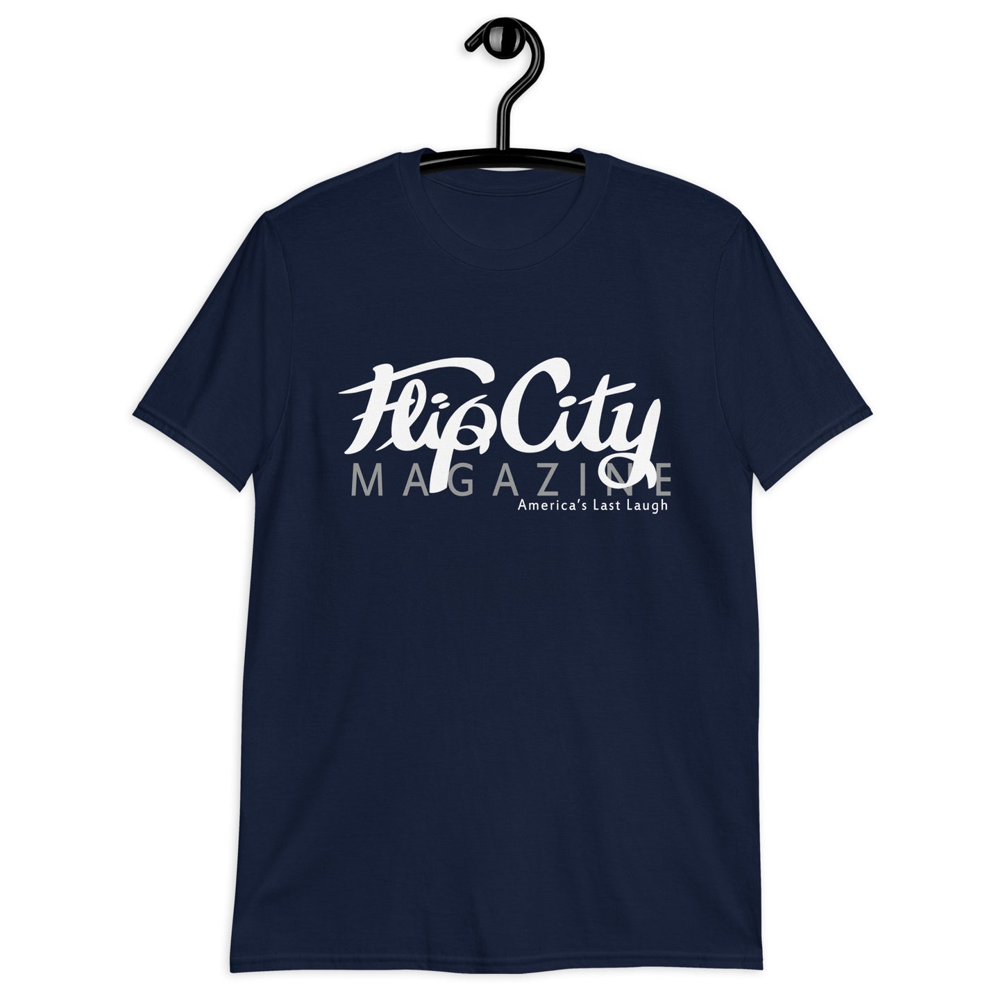 A navy blue short-sleeve unisex t-shirt with 'Flip City Magazine' text and graphics in white on the front.