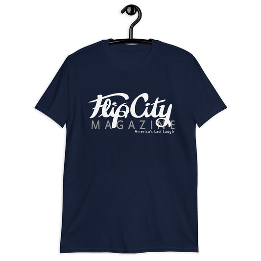 A navy blue short-sleeve unisex t-shirt with 'Flip City Magazine' text and graphics in white on the front.